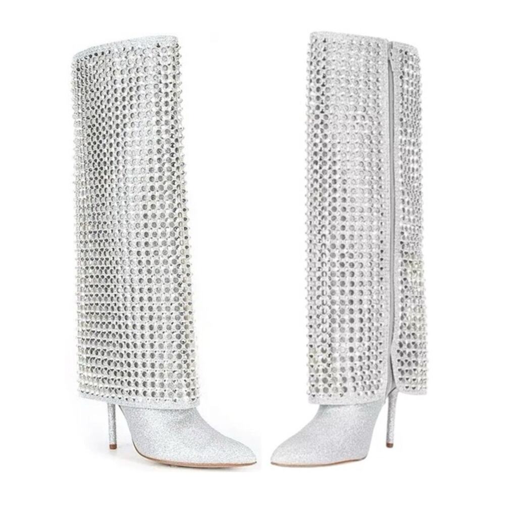 Gianni Bini Lowry Rhinestone Foldover Tall Boots Silver Glitter Zipper Size 7 - Picture 12 of 12